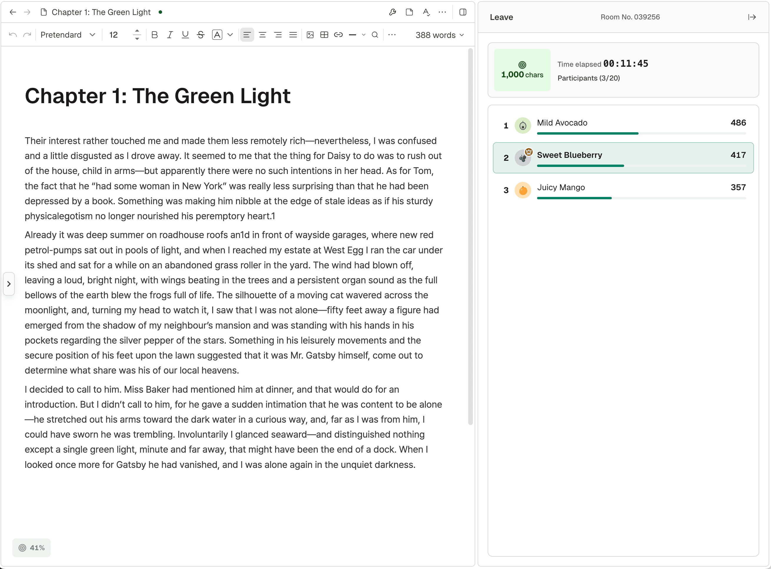 A Novela Word Sprint in progress — Chapter 1 in the editor on the left, sprint panel with the timer and live participant progress on the right.