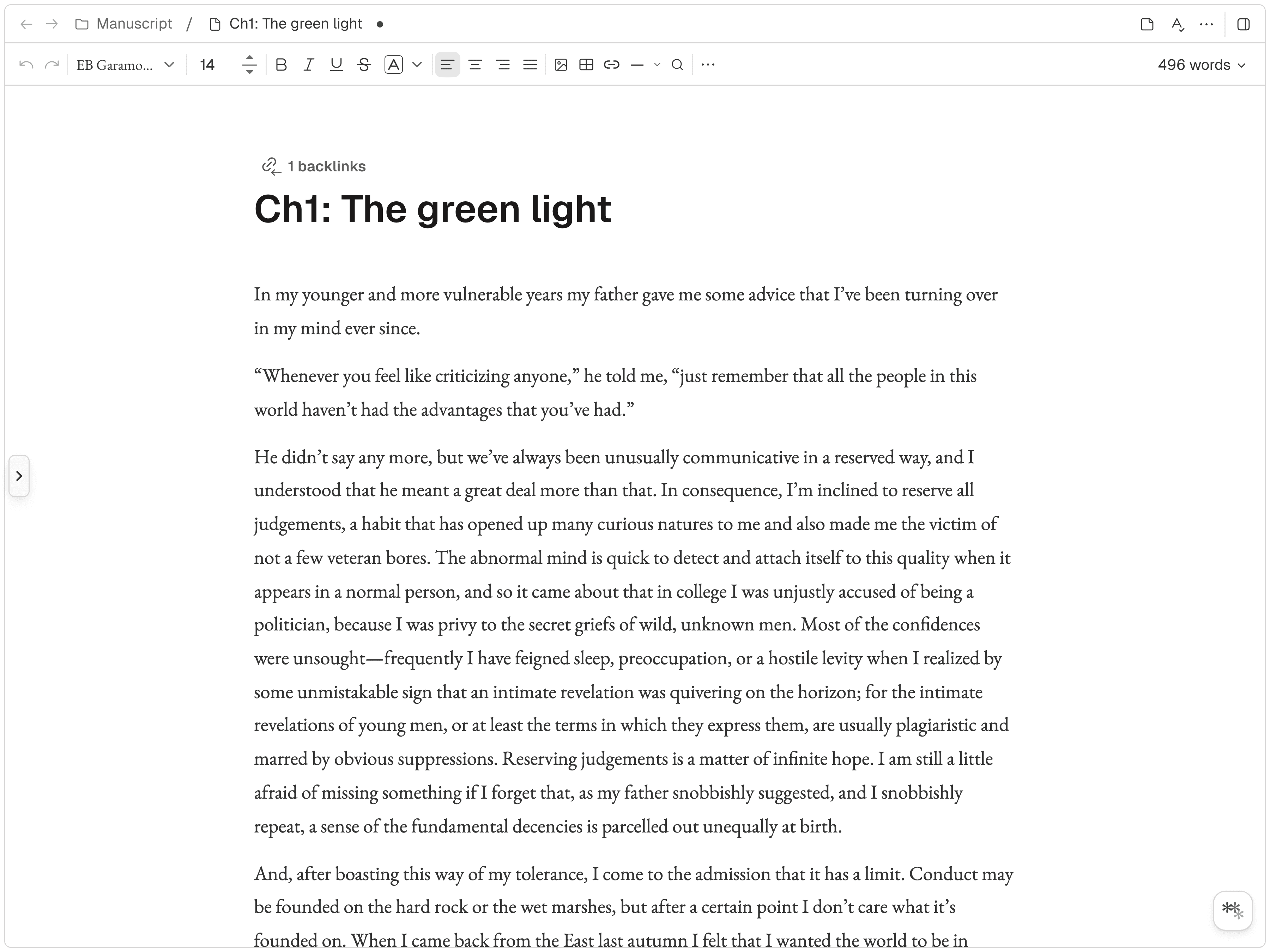 Novela editor with an open document